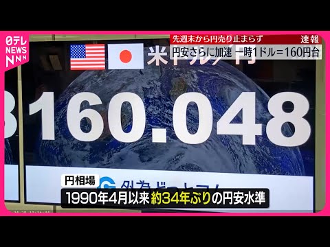 【速報】円相場 一時1ドル＝160円台に 約34年ぶり