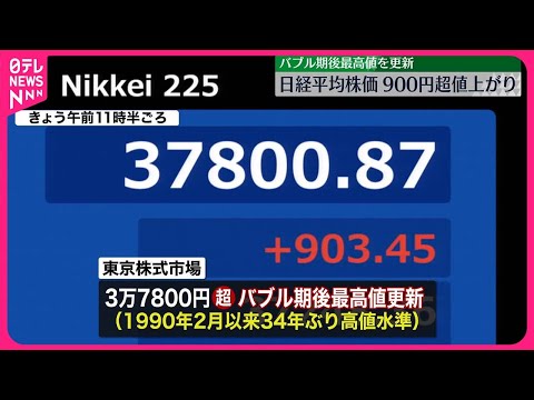 【日経平均株価】900円超値上がり バブル期後最高値を更新