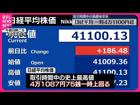 【日経平均株価】一時4万1100円超 取引時間中の史上最高値を更新